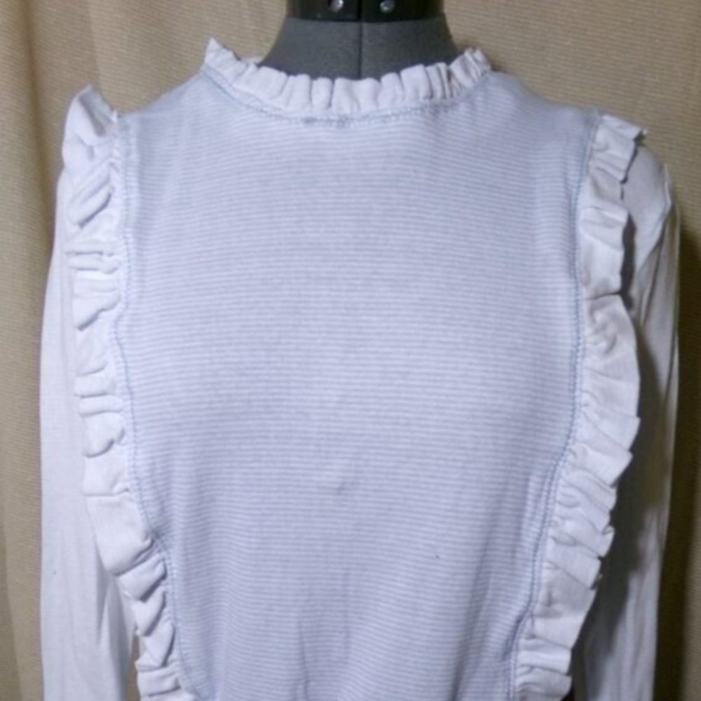 Ruffled Panel T-shirt Top Blue White crew neck Knit blouse S Long sleeve chic